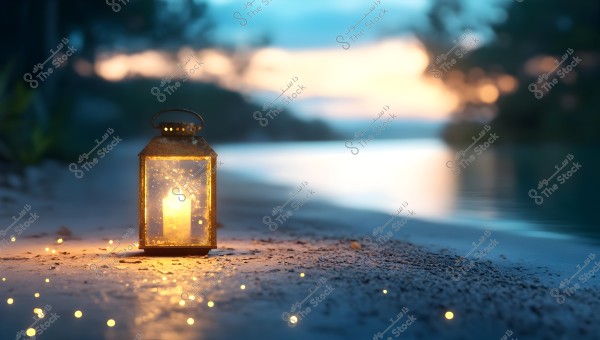 A serene beach scene at sunset featuring a metallic lantern with a lit candle inside, emitting a warm glow. Many small lights scatter around the lantern while the sea extends in the background with reflections of the sunset on its surface.