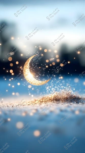 An image featuring a glowing golden crescent floating above a dark blue surface, surrounded by numerous sparkling star-like dots. The background is blurred with warm lighting distributed across the image.