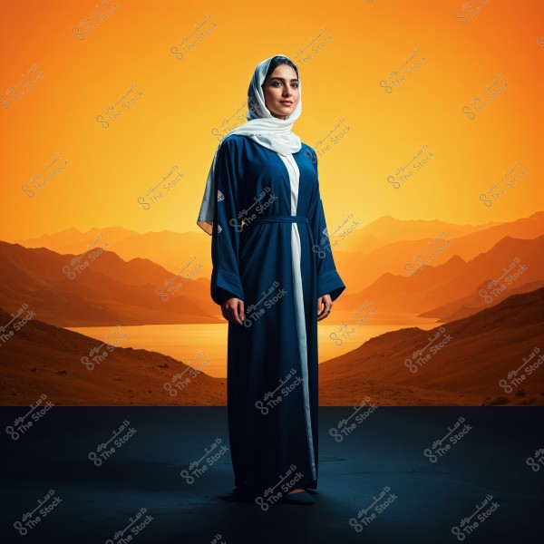 Image of a woman wearing a dark blue abaya and a white hijab, standing against a stunning natural landscape featuring mountains and plains with beautiful orange gradients reminiscent of sunset. The background includes rocky hills and mountains, suggesting it might be an Arab country like Saudi Arabia.