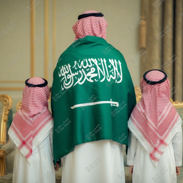The image shows three individuals wearing the traditional white thobe, red ghutra, and black agal. The person in the middle has the Saudi Arabian flag draped over his shoulders, featuring the Kingdom\'s emblem with the inscription and sword. This attire is indicative of traditional Saudi culture.