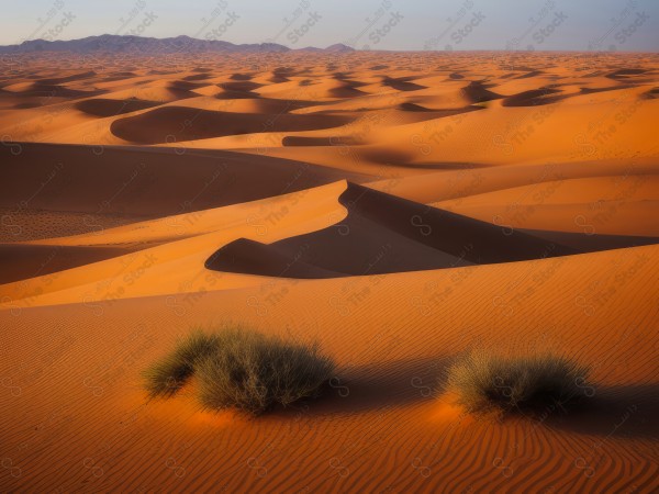 لقطة للكثبان الرملية الذهبية في الصحراء السعودية وتظهر السماء صافية  نهارًا ، الربع الخالي ، مناطق صحراوية، مصممة بواسطة الذكاء الاصطناعي