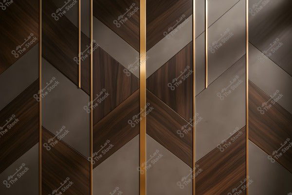 Decorative wall design featuring wooden panels in a chevron pattern. Vertical gold lines intersect the panels, creating a visual contrast between the dark wood and metallic sheen.