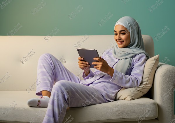 A young woman wearing a grey hijab and striped purple pajamas is reclining on a comfortable white sofa, smiling while looking at a tablet in her hands. The background wall is painted in light green.