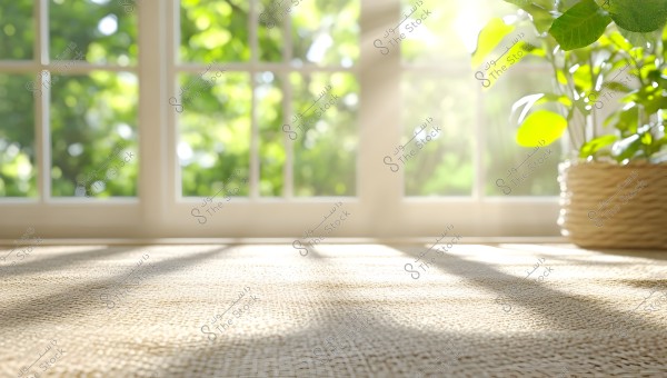 Sunlight streams through a large glass window, casting shadows on the woven floor inside the room. A green plant in a braided basket is placed near the window basking in the sunlight.