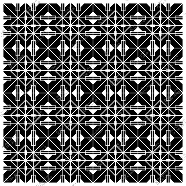A geometric design pattern in black and white featuring repetitive shapes of stars, lines, and classic ornaments.
