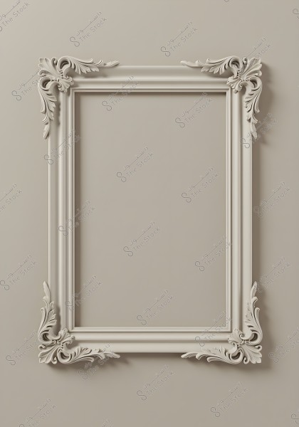 An empty ornate rectangular picture frame in light beige color, with intricate decorative details and floral motifs in all four corners, hanging on a similarly colored wall.