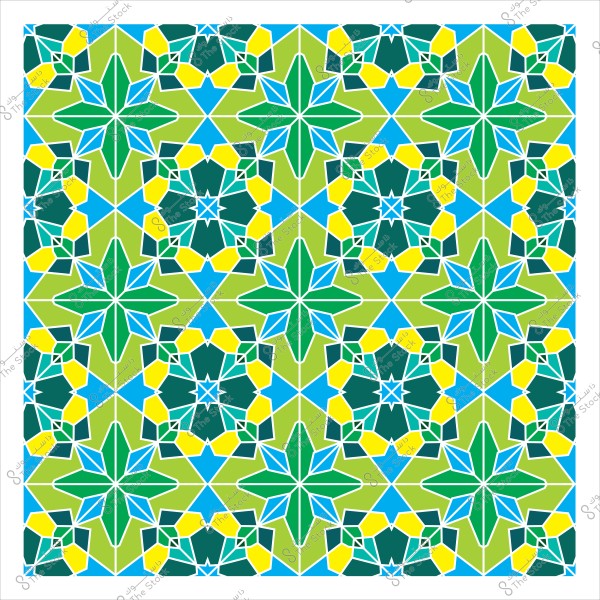تصميم زخرفة إسلامية هندسية ملونة بالأخضر والأصفر والأزرق.