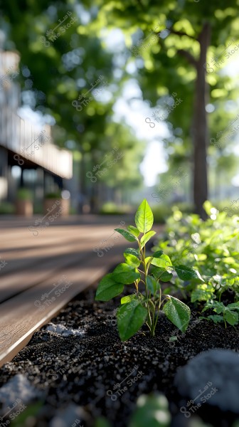 The image shows a small green plant growing in moist soil next to a wooden boardwalk. In the background, green trees and blurred parts of buildings can be seen, reflecting a natural environment and the vibrant growth of vegetation.