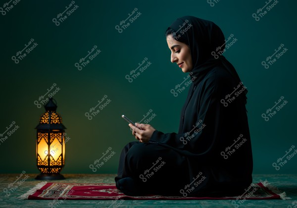 An image of a woman wearing a black abaya and hijab, sitting on a prayer mat while holding a smartphone. She is next to an illuminated lantern. The woman is smiling as she looks at the screen, and the dark green background gives a serene atmosphere to the scene.