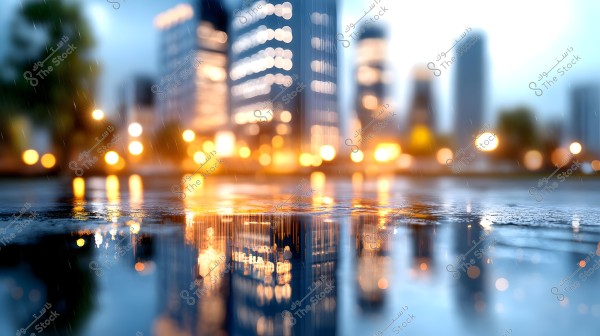 The image shows a nighttime city scene under the rain. The lights of the buildings in the background are glowing and reflecting on the wet ground. The buildings have a modern design and are slightly blurred, adding a sense of motion and mystery. The focus on droplets and reflections highlights the artistic beauty of the scene.