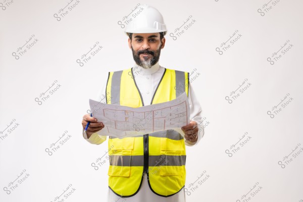Image of a man wearing traditional white clothing, a yellow safety vest, and a white helmet, holding an architectural blueprint. He appears to work in engineering or construction. The background is plain white.