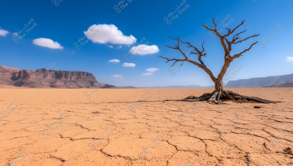 Image of a natural scene in a barren desert with a dry tree with spreading branches on the right. The ground is cracked due to prolonged drought, and in the background are rocky plateaus under a blue sky with some scattered white clouds.