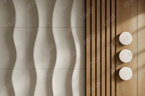 Interior design of a wall composed of two sections; the left side features beige squares with wavy patterns, while the right side has vertical wooden slats with three protruding white discs. The lighting accentuates shadows and waves on the wall.