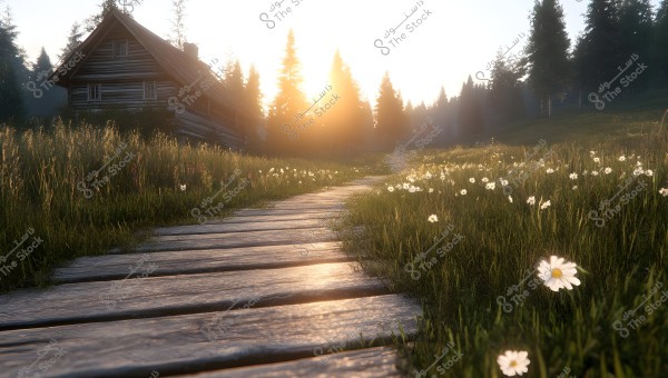 A wooden path leads to a cabin in the countryside, surrounded by a meadow of white flowers under the setting sun. A forest is visible in the background with greenery surrounding the path.