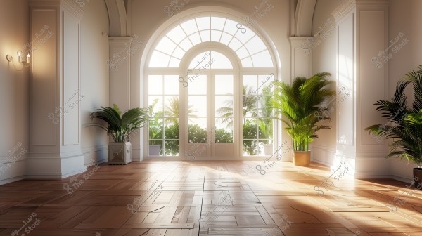 The image shows a spacious hall with a wooden floor and large arched windows letting in natural light. There are green plants in pots on both sides, adding vibrancy to the space, with a backdrop of trees outside the window.