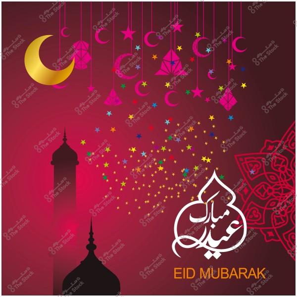 تصميم عيد مبارك باللون الأحمر, يتضمن هلال ونجوم بألوان زاهية ومئذنة مسجد.