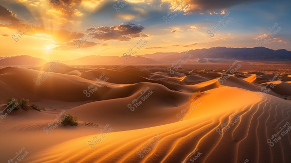 An image depicting a desert scene at sunset, showcasing golden sand dunes stretching to the horizon. Sun rays shine through the clouds, casting warm colors on the sands, while mountains are visible in the background under a sky hued with blue and orange.