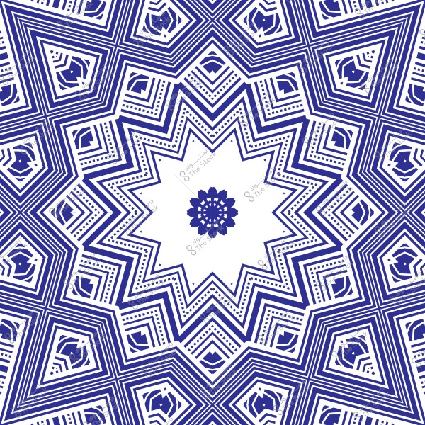 نقش هندسي بأشكال زهرية متكررة باللونين الأزرق والأبيض, تتكون من خطوط متداخلة وأشكال نجومية في المنتصف, مع تفاصيل دقيقة تشكل نمطًا تقليديًا متناسقًا.