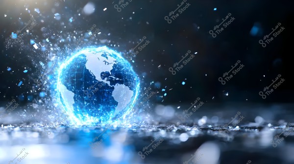 A glowing blue globe hovering above a wet surface, surrounded by small sparkling blue light fragments, with a dark background creating a dramatic effect.