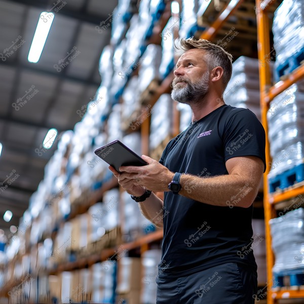 A man stands in a large warehouse filled with shelves packed with neatly arranged boxes. He is wearing a black shirt and holding a tablet, appearing to be checking inventory or managing the warehouse. The warehouse is brightly lit, with a glimpse of the ceiling and shelves extending into the background.