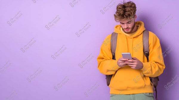 A young man wearing a bright yellow hoodie stands against a purple background. He holds a phone in his hands and looks at it intently. He is also wearing a brown backpack and green pants.