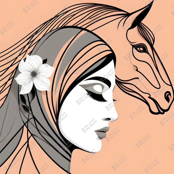 An artistic illustration depicting a woman in profile wearing a hijab adorned with a white flower, with her features blending into lines that form the head of a horse. The background is a light orange, adding a modern aesthetic touch to the image.