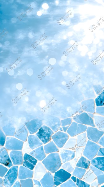An image showcasing a mosaic of broken glass pieces colored in light and dark shades of blue, arranged next to each other. The top part of the image highlights bright light and a blue sky with dazzling visual effects, giving a sense of freshness and tranquility.