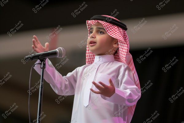 A child wearing traditional Saudi attire, including a white thobe, red checkered ghutra, and black agal, stands on stage in front of a microphone. He appears to be giving a speech or speaking to an audience, with his hands raised confidently. The background is slightly blurred, highlighting the focus on the child.
