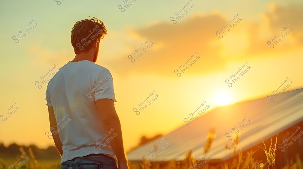 رجل يرتدي قميصًا أبيض يقف في حقل عند غروب الشمس. تظهر الشمس الصفراء الذهبية وهي تغرب خلف الأفق, وسماء المساء مليئة بالألوان الدافئة. يظهر سقف مبنى في المسافة مع بعض النباتات في المقدمة.