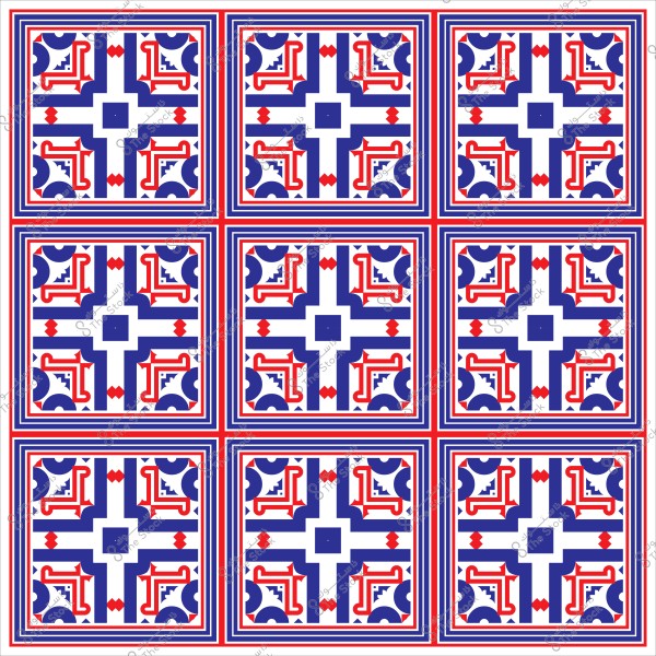 Mosaic design with repeated geometric patterns in blue and red colors on a white background.