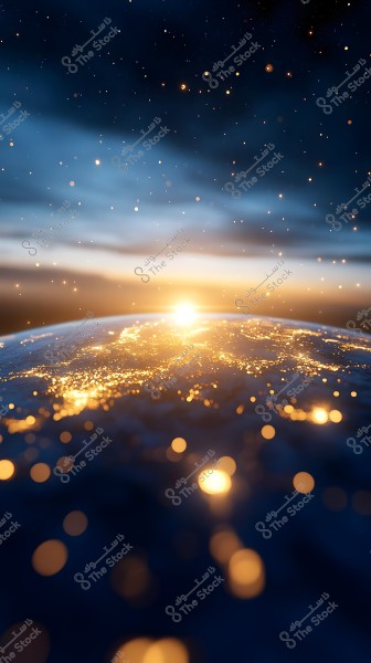 An image depicting a stunning view of Earth from space, with the sun glowing on the horizon, casting a golden shimmer on the planet\'s surface. The sky is adorned with bright dots resembling stars. The scene appears to be at sunset or sunrise, evoking a sense of tranquility and beauty.