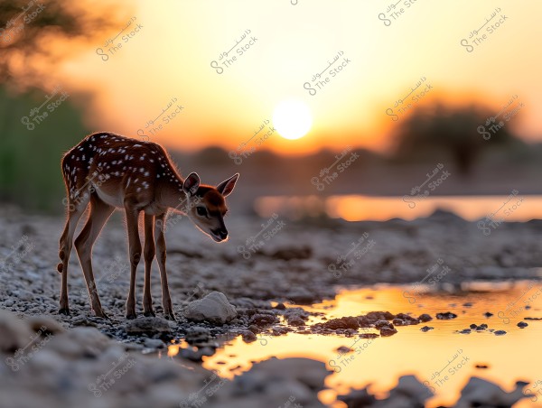 The image shows a young deer standing by a shallow pond at sunset. The sun is setting on the horizon, casting warm colors of orange and yellow across the sky. The deer has brown fur with white spots and is standing on a pebbled ground next to the shimmering water reflecting the colors of the sky.