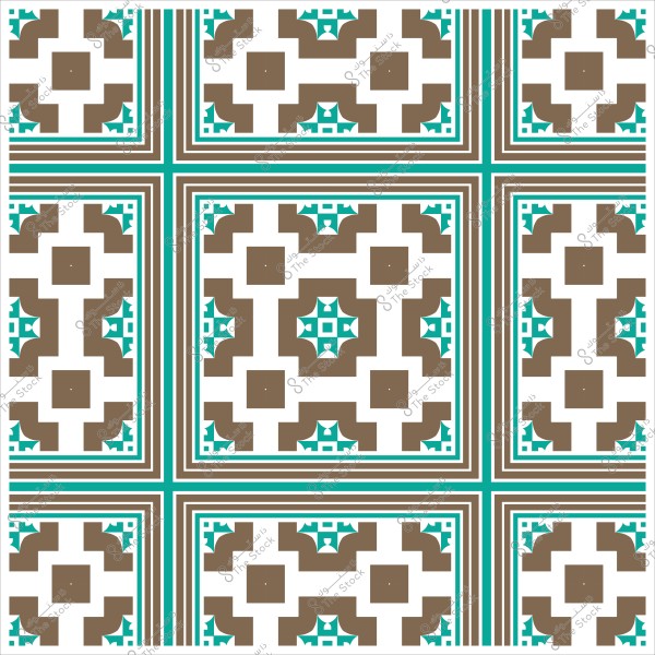 نمط تصميم هندسي تقليدي بألوان بني وأزرق فيروزية على خلفية بيضاء.