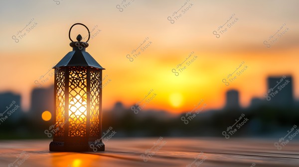 A decorative metal lantern with an intricate eastern design, lit from within, placed on a wooden surface. In the background, a sunset casts soft orange and pink hues, allowing light to flow through the hazy city skyline, showing distant silhouettes of buildings.