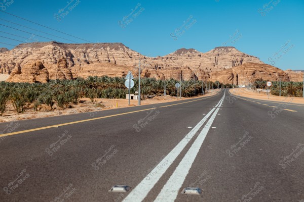 An open asphalt road stretches through a desert landscape with palm trees on both sides. Rocky mountains are visible in the background under a clear blue sky. The road is empty of vehicles, and traffic signs are visible on the sides.
