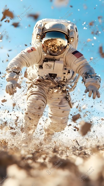 An astronaut wearing a white space suit with a shiny helmet reflecting light, appears to be moving rapidly across a rocky surface with debris flying around. The American flag patch is visible on the arm, and the background shows a blue sky.