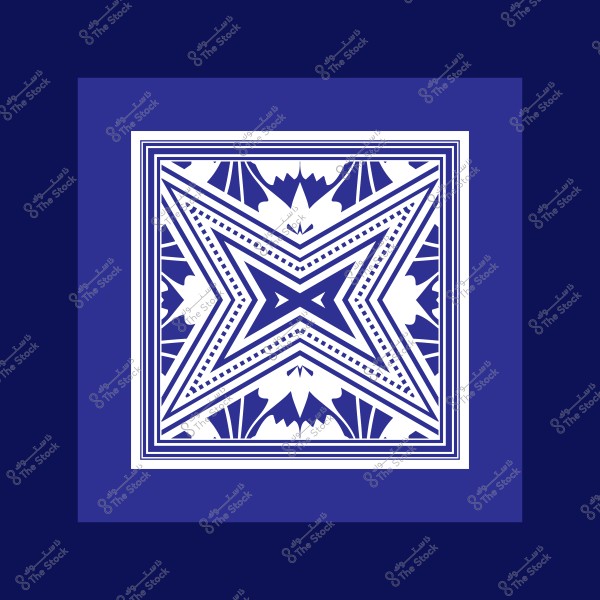 تصميم هندسي مربع باللونين الأزرق الداكن والأبيض, يتميز بنمط نجمي في المركز محاط بأشكال هندسية متماثلة وزخارف متناظرة. التصميم محاط بإطار مزدوج من الخطوط الأفقية والرأسية, مما يبرز تباين الألوان بين الأزرق والأبيض.