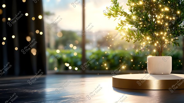 Image of a small plant in a white pot on a shiny wooden surface, surrounded by glowing lights resembling stars. The background is blurred, showcasing a large window overlooking a lush green landscape, adding a feeling of warmth and beauty.