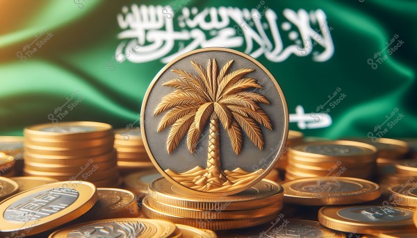 The image contains several gold coins, with a prominent large coin in the center featuring an engraved palm tree. In the background, the Saudi flag is visible with the green color and the white inscription of the Shahada. The image represents the Saudi economy or financial wealth in Saudi Arabia.