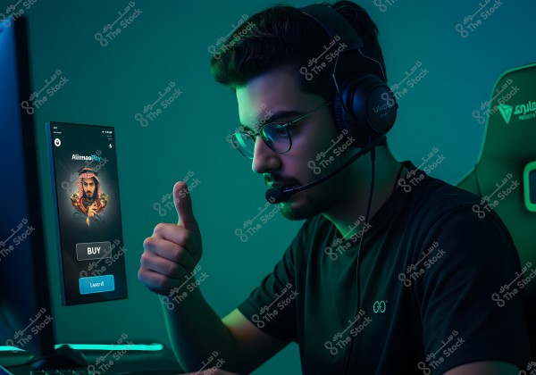 Image of a man wearing glasses and a headset, sitting on a chair in front of a computer screen. The screen displays an app named \"AlimaaPay\" with a picture of a man in traditional headwear, and a buy button. The man is giving a thumbs-up gesture, indicating satisfaction or approval. The room is dimly lit with blue lighting.