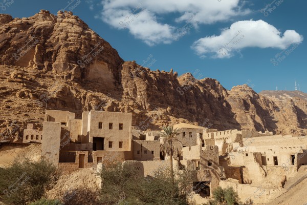 Image of a collection of traditional mud-brick buildings situated at the base of a rocky mountain. The towering mountains rise behind the village under a clear blue sky with a few clouds. Some green trees and plants are visible within and around the village.