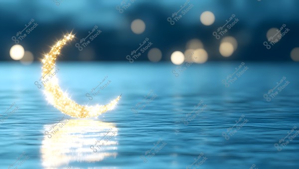 An image of a sparkling golden crescent appearing to float on a softly lit blue water surface. The background features blurred circular lights, adding beauty and a serene atmosphere to the scene.
