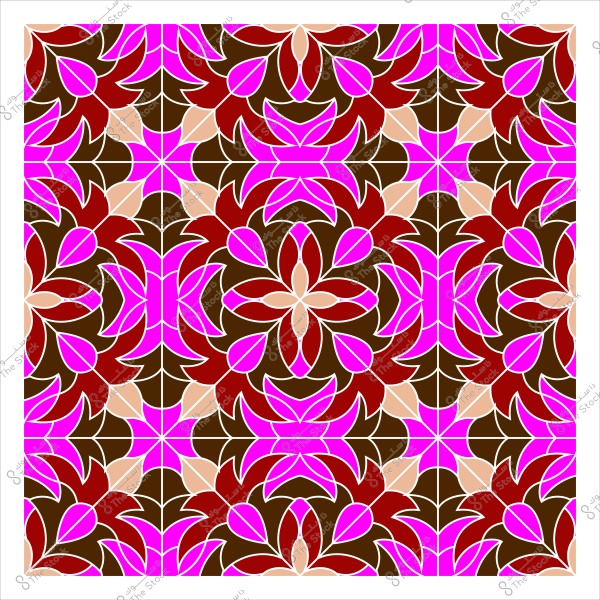 نمط زخرفي متقن يجمع بين أشكال نباتية بتدرجات من الألوان البنية والحمراء والوردية والبيج. التصميم متناظر ويشبه فن الأرابيسك التقليدي بفروع وأوراق تتشابك بشكل متناسق ومتكرر.

-