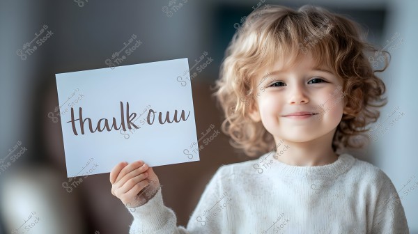 A photo of a young child with curly blonde hair, wearing a white sweater and smiling gently. The child is holding a piece of paper with handwritten text that says \"thauk ouu.\" The background is blurred, highlighting the child\'s facial features and the paper.
