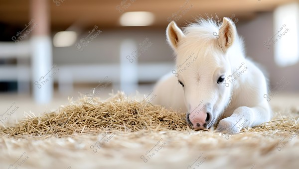 Image of a small white foal lying on a pile of straw inside a softly lit stable. The foal appears relaxed and curious, with its nose touching the straw. The focus is on the foal, with a slightly blurred background showing details of the stable.