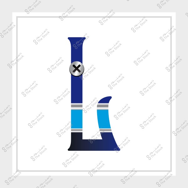 The letter "L" adorned with horizontal blue and silver stripes and a small button in the middle.