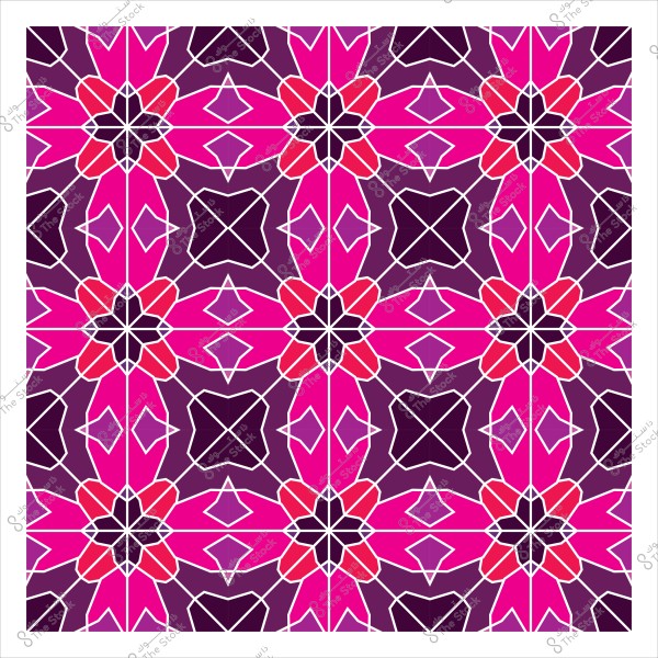 نمط هندسي ملون بألوان زهرية وبنفسجية, تتكون من أشكال تكرارية تشبه الأزهار والنجوم, مكونة من خطوط بيضاء تحدد الأشكال المتداخلة في تصميم فسيفسائي متناسق.

-