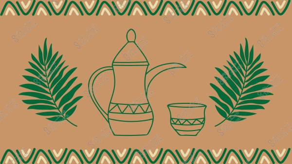 صورة توضح رسماً يدوياً لأناء دلة تقليدية وفنجان قهوة مزخرفين بتصميمات ثلاثية, تحيط بهما أوراق نخيل خضراء. الخلفية بلون بني فاتح مزين بنمط زخرفي في الأعلى والأسفل بأشكال هندسية منحنية باللونين الأخضر والبيج.