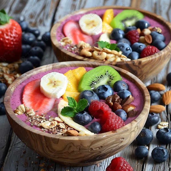 Two smoothie bowls topped with slices of fruits, nuts, and oats, creating a delicious and attractive presentation. This image was generated by artificial intelligence.