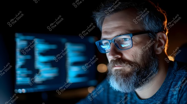 A portrait of a man wearing glasses, sitting in front of a computer screen displaying code. The light from the screen reflects on his face, giving a blue glow. The man is focused on the screen with a serious expression, has a gray beard and hair, and is wearing a casual shirt.